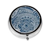 Round Pill Box with 3 Compartment Medicine Case, Portable Travel Pill Case for Pocket or Purse, Blue Polynesian Maori Tribal Pattern