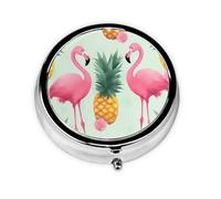 Round Pill Box with 3 Compartment Medicine Case, Portable Travel Pill Case for Pocket or Purse, Cartoon Flamingo Pineapples