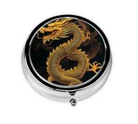 Round Pill Box with 3 Compartment Medicine Case, Portable Travel Pill Case for Pocket or Purse, Chinese Golden Yellow Dragon
