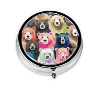 Round Pill Box with 3 Compartment Medicine Case, Portable Travel Pill Case for Pocket or Purse, Colorful Bears