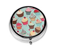 Round Pill Box with 3 Compartment Medicine Case, Portable Travel Pill Case for Pocket or Purse, Cupcake Pattern