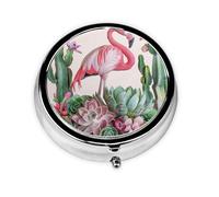 Round Pill Box with 3 Compartment Medicine Case, Portable Travel Pill Case for Pocket or Purse, Flamingo Succulent Plants