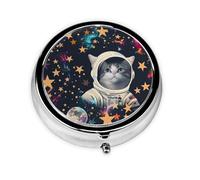 Round Pill Box with 3 Compartment Medicine Case, Portable Travel Pill Case for Pocket or Purse, Fun cat Astronaut