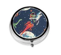 Round Pill Box with 3 Compartment Medicine Case, Portable Travel Pill Case for Pocket or Purse, Funny Astronaut Cute Dinosaur Rocket