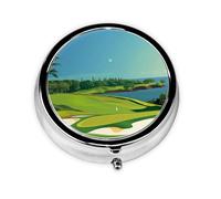 Round Pill Box with 3 Compartment Medicine Case, Portable Travel Pill Case for Pocket or Purse, Golf Course and Moon