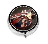 Round Pill Box with 3 Compartment Medicine Case, Portable Travel Pill Case for Pocket or Purse, Guitar British Flag