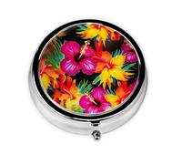 Round Pill Box with 3 Compartment Medicine Case, Portable Travel Pill Case for Pocket or Purse, Hawaiian Colorful Flower