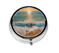 Round Pill Box with 3 Compartment Medicine Case, Portable Travel Pill Case for Pocket or Purse, Romantic Beach