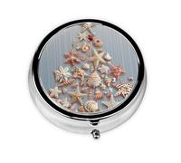 Round Pill Box with 3 Compartment Medicine Case, Portable Travel Pill Case for Pocket or Purse, Seashell Christmas