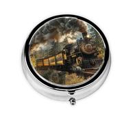 Round Pill Box with 3 Compartment Medicine Case, Portable Travel Pill Case for Pocket or Purse, Steam Train