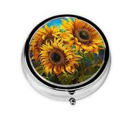 Round Pill Box with 3 Compartment Medicine Case, Portable Travel Pill Case for Pocket or Purse, Sunflowers Painting
