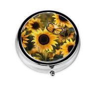 Round Pill Box with 3 Compartment Medicine Case, Portable Travel Pill Case for Pocket or Purse, Sunflower Blooming Flowers Plants Butterfly