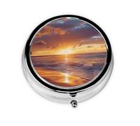 Round Pill Box with 3 Compartment Medicine Case, Portable Travel Pill Case for Pocket or Purse, Sunset Beach