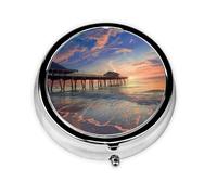Round Pill Box with 3 Compartment Medicine Case, Portable Travel Pill Case for Pocket or Purse, Sunset at The Beach Bridge