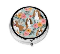 Round Pill Box with 3 Compartment Medicine Case, Portable Travel Pill Case for Pocket or Purse, Sweet Basset Hound Florals