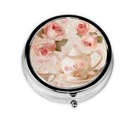 Round Pill Box with 3 Compartment Medicine Case, Portable Travel Pill Case for Pocket or Purse, Tea Cups with Roses Romantic Shabby