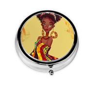 Round Pill Box with 3 Compartment Medicine Case, Portable Travel Pill Case for Pocket or Purse, Traditional African Girl Painting
