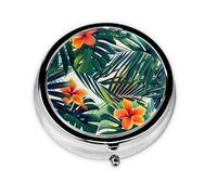 Round Pill Box with 3 Compartment Medicine Case, Portable Travel Pill Case for Pocket or Purse, Tropical Hawaiian Flower Palm Leaves