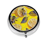 Round Pill Box with 3 Compartment Medicine Case, Portable Travel Pill Case for Pocket or Purse, Yellow Lemon and Bee