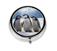 Round Pill Box with 3 Compartment Medicine Case, Portable Travel Pill Case for Pocket or Purse, Young Penguins with Snow