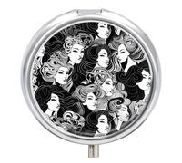 Round Pill Box with Different Female Faces for Travel with 3 | Small Metal Pill Case with Mirror, Portable Daily Pill Organizer, Mini Medicine Holder for