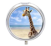 Round Pill Box with Mirror 3 Compartments Pill Organizer Portable Small Pill Case Weekly Beach Giraffe Medecine Case for Purse, Pocket, Travel, Vitamin, Supplements