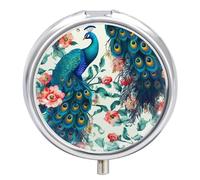 Round Pill Box with Mirror 3 Compartments Pill Organizer Portable Small Pill Case Weekly Beautiful Peacock Flowers Medecine Case for Purse, Pocket, Travel, Vitamin, Supplements