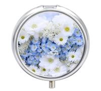 Round Pill Box with Mirror 3 Compartments Pill Organizer Portable Small Pill Case Weekly Beautiful White Blue Flowers Medecine Case for Purse, Pocket, Travel, Vitamin, Supplements