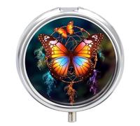 Round Pill Box with Mirror 3 Compartments Pill Organizer Portable Small Pill Case Weekly Butterfly Medecine Case for Purse, Pocket, Travel, Vitamin, Supplements