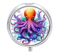 Round Pill Box with Mirror 3 Compartments Pill Organizer Portable Small Pill Case Weekly Colorful Octopus Medecine Case for Purse, Pocket, Travel, Vitamin, Supplements
