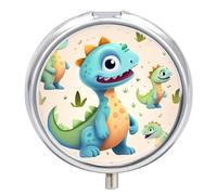 Round Pill Box with Mirror 3 Compartments Pill Organizer Portable Small Pill Case Weekly Cute Dinosaur Medecine Case for Purse, Pocket, Travel, Vitamin, Supplements
