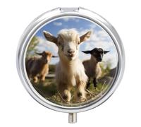 Round Pill Box with Mirror 3 Compartments Pill Organizer Portable Small Pill Case Weekly Cute Goat Medecine Case for Purse, Pocket, Travel, Vitamin, Supplements