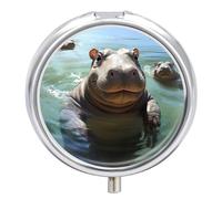 Round Pill Box with Mirror 3 Compartments Pill Organizer Portable Small Pill Case Weekly Cute Hippos Medecine Case for Purse, Pocket, Travel, Vitamin, Supplements