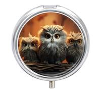 Round Pill Box with Mirror 3 Compartments Pill Organizer Portable Small Pill Case Weekly Cute Owl Medecine Case for Purse, Pocket, Travel, Vitamin, Supplements