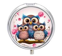 Round Pill Box with Mirror 3 Compartments Pill Organizer Portable Small Pill Case Weekly Cute Owls Medecine Case for Purse, Pocket, Travel, Vitamin, Supplements