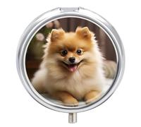 Round Pill Box with Mirror 3 Compartments Pill Organizer Portable Small Pill Case Weekly Cute Pomeranian Dog Medecine Case for Purse, Pocket, Travel, Vitamin, Supplements