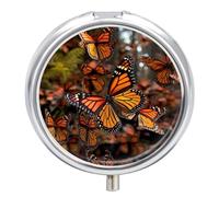 Round Pill Box with Mirror 3 Compartments Pill Organizer Portable Small Pill Case Weekly Monarch Butterflies Medecine Case for Purse, Pocket, Travel, Vitamin, Supplements