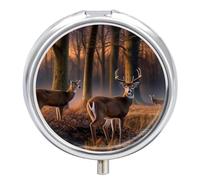 Round Pill Box with Mirror 3 Compartments Pill Organizer Portable Small Pill Case Weekly Nature Wild Animal Deers Medecine Case for Purse, Pocket, Travel, Vitamin, Supplements