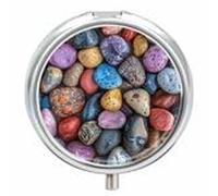 Round Pill Box with Mirror 3 Compartments Pill Organizer Portable Small Pill Case Weekly Pebbles and Rocks Medecine Case for Purse, Pocket, Travel, Vitamin, Supplements