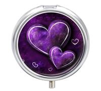 Round Pill Box with Mirror 3 Compartments Pill Organizer Portable Small Pill Case Weekly Purple Hearts Medecine Case for Purse, Pocket, Travel, Vitamin, Supplements