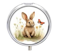 Round Pill Box with Mirror 3 Compartments Pill Organizer Portable Small Pill Case Weekly Rabbit and Butterfly Medecine Case for Purse, Pocket, Travel, Vitamin, Supplements