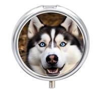 Round Pill Box with Mirror 3 Compartments Pill Organizer Portable Small Pill Case Weekly Stupid Husky Dog Medecine Case for Purse, Pocket, Travel, Vitamin, Supplements