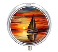 Round Pill Box with Mirror 3 Compartments Pill Organizer Portable Small Pill Case Weekly Sunrise Sailing Boat Medecine Case for Purse, Pocket, Travel, Vitamin, Supplements