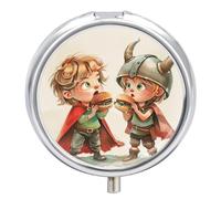Round Pill Box with Mirror 3 Compartments Pill Organizer Portable Small Pill Case Weekly Two Cartoon Boys Medecine Case for Purse, Pocket, Travel, Vitamin, Supplements