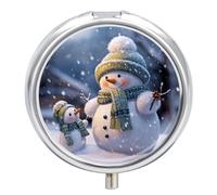 Round Pill Box with Mirror 3 Compartments Pill Organizer Portable Small Pill Case Weekly Winter Snowman Medecine Case for Purse, Pocket, Travel, Vitamin, Supplements