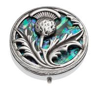 Round Pill Box with Scottish Thistle Design, Real Abalone Paua Shell, Silver Colour, 3-Compartment Trinket Box