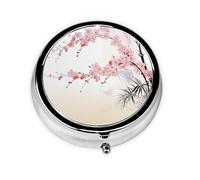 Round Pill Case for Purse or Pocket 2 Compartment Medicine Pill Box Portable Small Pill Organizer Bamboo and Cherry Blossoms Tree Zen Pillbox Travel Medicine Vitamin Cod Liver Oil Storage Box