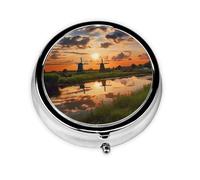 Round Pill Case for Purse or Pocket 2 Compartment Medicine Pill Box Portable Small Pill Organizer Beautiful View of The Netherlands Pillbox Travel Medicine Vitamin Cod Liver Oil Storage Box