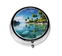 Round Pill Case for Purse or Pocket 2 Compartment Medicine Pill Box Portable Small Pill Organizer Beautiful Island in The Sea Pillbox Travel Medicine Vitamin Cod Liver Oil Storage Box