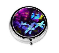 Round Pill Case for Purse or Pocket 2 Compartment Medicine Pill Box Portable Small Pill Organizer Blue Purple Flower Butterfly Pillbox Travel Medicine Vitamin Cod Liver Oil Storage Box